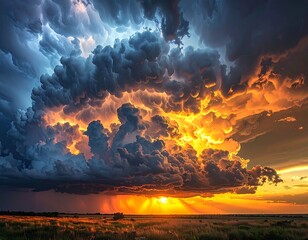 Dramatic cloud formation over a landscape, with fiery sunset hues