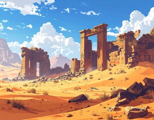 Desert ruins under a bright blue sky with scattered clouds