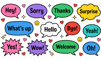 Colorful Cartoon Speech Bubbles with Playful Decorative Elements, colorful, speech bubbles, phrases, cartoon, playful, vibrant, whimsical, white background, thick outlines, jagged bubbles, rounded png