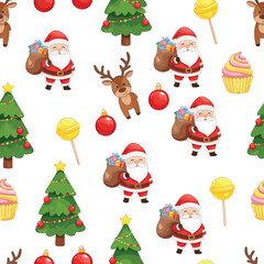 Seamless Christmas Pattern with Santa Claus, Reindeer, Trees, Gifts, and Festive Candy Vector