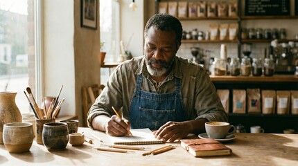 Portrait of creative mature man drawing at rustic table in sunlit studio caf&eacute;, surrounded by handmade pottery and tools. Concept of artistic people. Ai generative