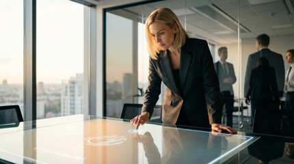 Confident businesswoman using futuristic touchscreen table in a modern office, corporate innovation and leadership concept, with city view background. Ai generative