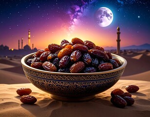 Dates in ornate bowl under a starry sky in a desert landscape