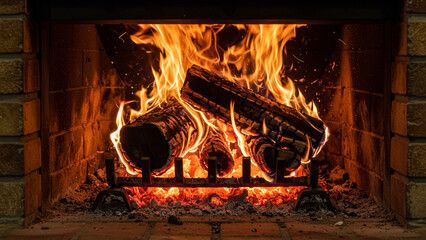 Cozy fireplace with burning logs and bright flames indoors  