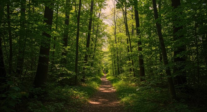 A sunlit path through a dense forest - Powered by Adobe