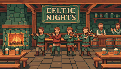 Pixel art band of four folk musicians playing traditional violins and flutes in a lively medieval tavern scene with a roaring fireplace and mugs of beer