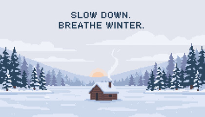 Pixel art winter landscape with a cozy wooden cabin, smoking chimney, and snow-covered pine trees during a peaceful sunrise, rendered in a retro 8-bit video game style
