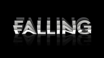 Falling text effect with glitch and reflection on black background