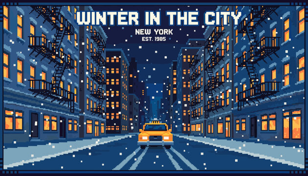 Pixel art scene of a snowy city street at night featuring a yellow taxi driving between buildings with fire escapes and warm glowing windows during a winter storm