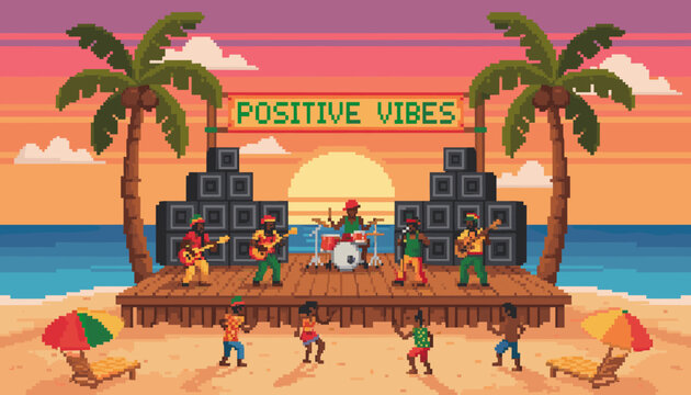 Pixel art illustration of a reggae band playing music on a beach stage at sunset, with people dancing and palm trees creating a positive, festive summer vibe in a retro 8-bit style