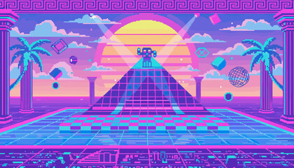 Vibrant pixel art robot stands atop a futuristic pyramid, surrounded by neon palm trees, classical columns, and floating geometric shapes under a glowing sun, evoking a nostalgic vaporwave aesthetic