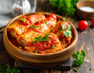 Delicious cabbage rolls swimming in tomato sauce, garnished with parsley