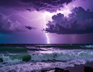 Dramatic view of lightning striking over ocean waves during a storm