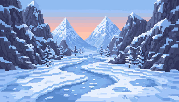 Beautiful pixel art winter mountain landscape features a winding frozen river leading towards majestic snow-capped peaks under a soft gradient sky