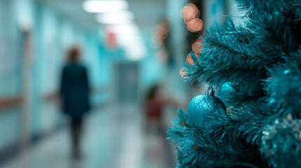 Close up of vibrant blue Christmas tree in foreground, with blurred hospital corridor in background, creating festive yet serene atmosphere