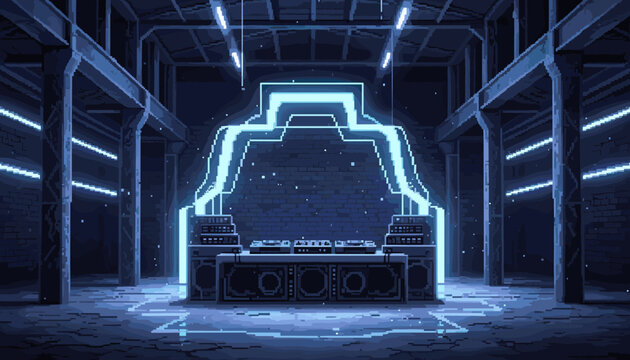 Pixel art glowing neon DJ setup with turntables and speakers stands ready in a dark, industrial club space illuminated by blue light and retro 8-bit graphics