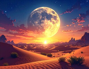 Desert landscape with a huge full moon and sunset