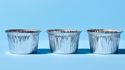 Three Empty Aluminum Foil Baking Cups on Blue Background.