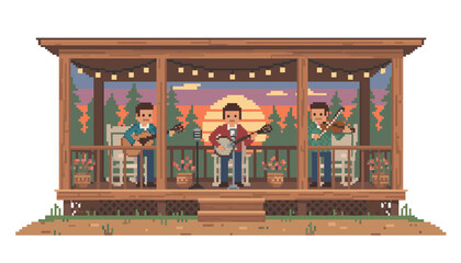 Three pixel art male musicians playing acoustic instruments on a charming rustic wooden porch adorned with string lights, set against a vibrant sunset forest