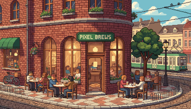 Charming pixel art brick cafe building with outdoor seating, customers enjoying drinks, and a tram passing by on a bustling street, rendered in a nostalgic 8-bit style