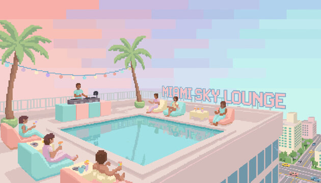 Vibrant pixel art rooftop pool party scene depicts diverse people relaxing by a swimming pool with a DJ playing music, surrounded by palm trees and festive lights, overlooking a bustling city