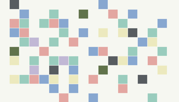 Abstract geometric pattern of colorful pastel squares arranged in a random, scattered mosaic design, creating a modern minimalist digital art composition with a pixelated texture