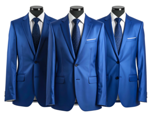 Three blue formal suits on mannequins