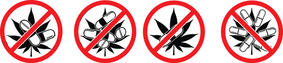 No drugs sign set illustration, prohibited marijuana pills symbols, drug free zone warning icons, health safety vector isolated white background