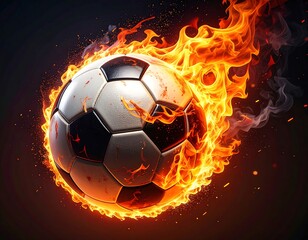 Digitally created flaming soccer ball, surrounded by fire and smoke