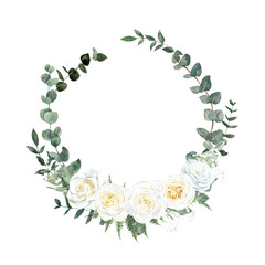 Watercolor flower wreath with gold circle frame.