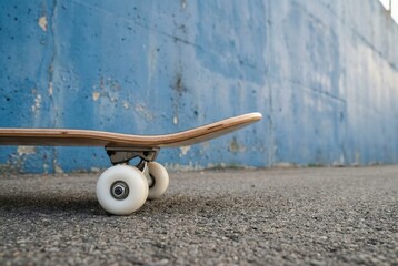 Skateboard on asphalt surface with a textured blue wall background, realistic style emphasizing urban youth culture, hobby lifestyle concept. Ai generative