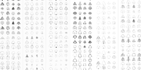 An array of diverse tree illustrations in a repeating pattern grayscale