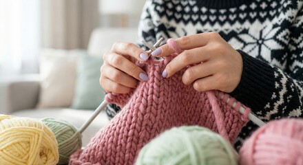 Close-up of woman knitting with pink yarn, cozy indoor setting, soft background with colorful wool balls, concept of relaxing handmade hobby. Ai generative