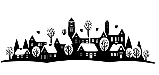 Black silhouette of a charming snow-covered winter village or townscape, featuring houses, churches, and bare trees on rolling hills.