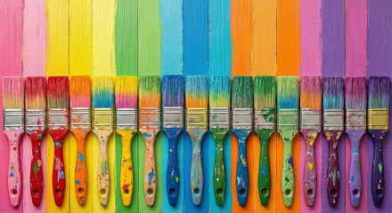 Colorful paintbrushes with painted handles arranged on a rainbow wood plank background, representing a creative hobby and artistic concept. Ai generative