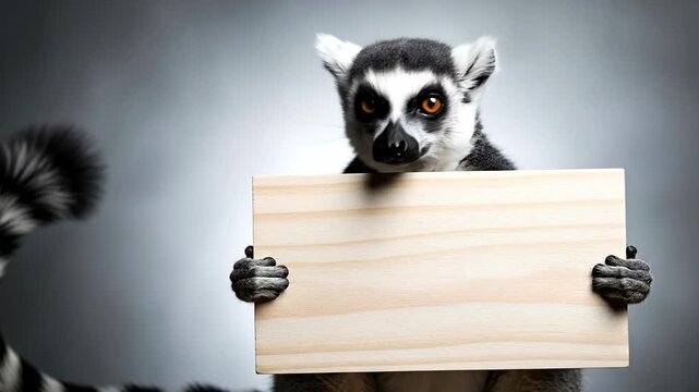 Ring-tailed Lemur Holding Blank Wooden Sign with Copy Space.
