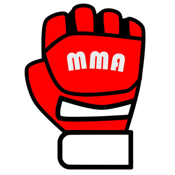 Bright red and black vector illustration of an MMA (Mixed Martial Arts) fighting glove with open fingers and a wrist strap, featuring the letters 'MMA'.