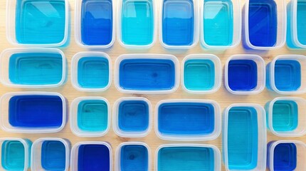 Multiple plastic containers with different shades of blue liquid arranged neatly on a wooden background, representing a creative color mix concept. Ai generative