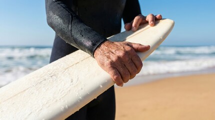 Close-up of a surfer's hands gripping a surfboard, wearing a wetsuit, with sea and sandy beach in the background. Hobby and adventure concept. Ai generative