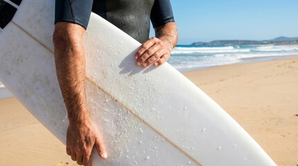 Close-up of a surfer holding a white surfboard with wax, outdoor beach background, summer hobby lifestyle concept, clear sky and ocean view. Ai generative