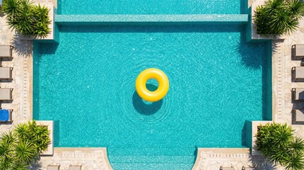 Aerial view of a swimming pool with a yellow inflatable ring floating, surrounded by lounge chairs and tropical greenery on a sunny day. Ai generative