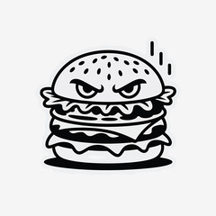 An angry cartoon hamburger with a fierce expression black and white