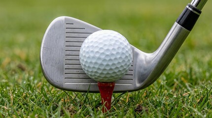 Close-up view of a golf club and ball placed on a red tee in fresh green grass, sharp focus with blurred background, concept of sports hobby. Ai generative