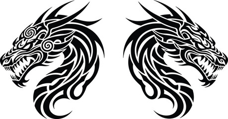 Tribal dragon head illustration, symmetrical black dragon tattoo design, fierce mythical creature vector art, fantasy emblem isolated white background