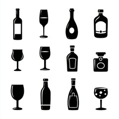 A collection of minimalist black and white icons featuring various wine, liquor bottles, and glasses, ideal for beverage branding, menu design, or bar-related projects.
