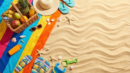Beach picnic scene with fruits, sunglasses, flip-flops, and toys on a colorful towel over wavy sand background. Concept of summer vacation hobby. Ai generative