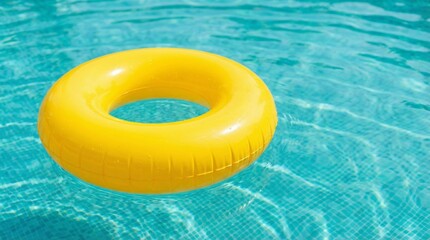 Yellow inflatable ring floating in a clear blue swimming pool, realistic style, aquatic background, concept of summer relaxation and fun hobby. Ai generative