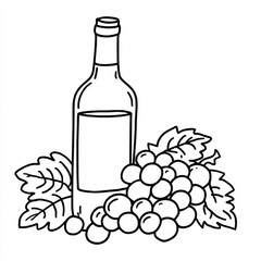 Black and white outline illustration of a wine bottle with grapes and leaves, perfect for coloring pages or wine-themed designs with clean, simple lines.