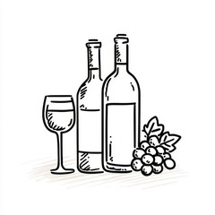 Elegant hand-drawn illustration of two wine bottles, a glass, and grapes in black and white, perfect for menus, wine events, or sophisticated branding on a white background.