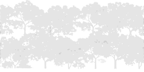 A grayscale silhouette of a dense forest with varied tree shapes